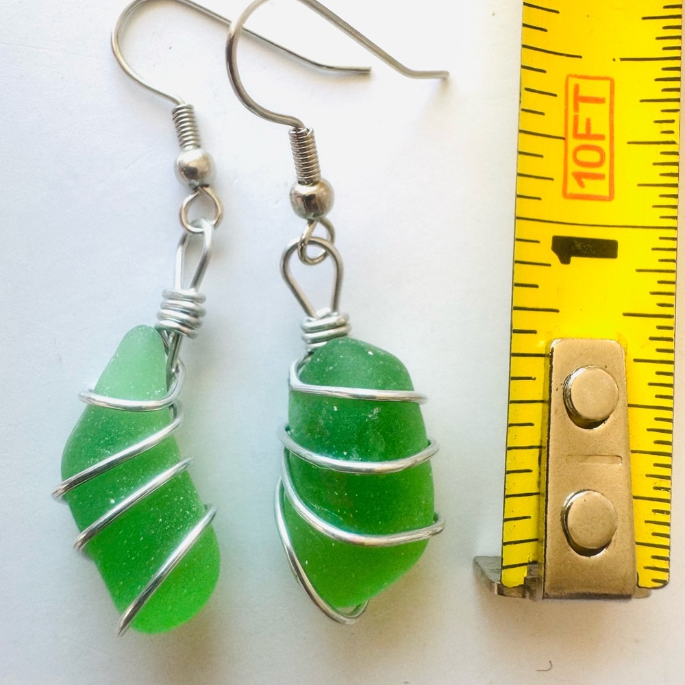 Silver Wrapped Green Sea Glass Earrings - Picture 2 of 4